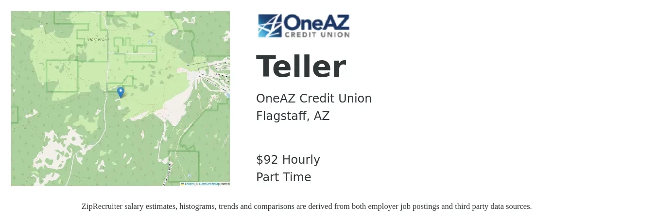 OneAZ Credit Union job posting for a Teller in Flagstaff, AZ with a salary of $96 Hourly with a map of Flagstaff location.