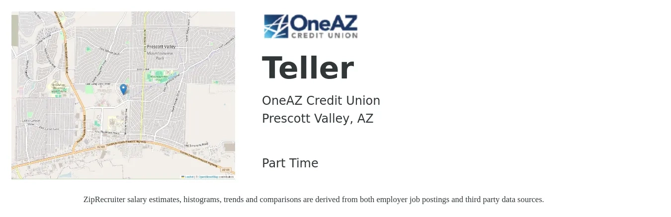 OneAZ Credit Union job posting for a Teller in Prescott Valley, AZ with a salary of $5,250 Monthly with a map of Prescott Valley location.