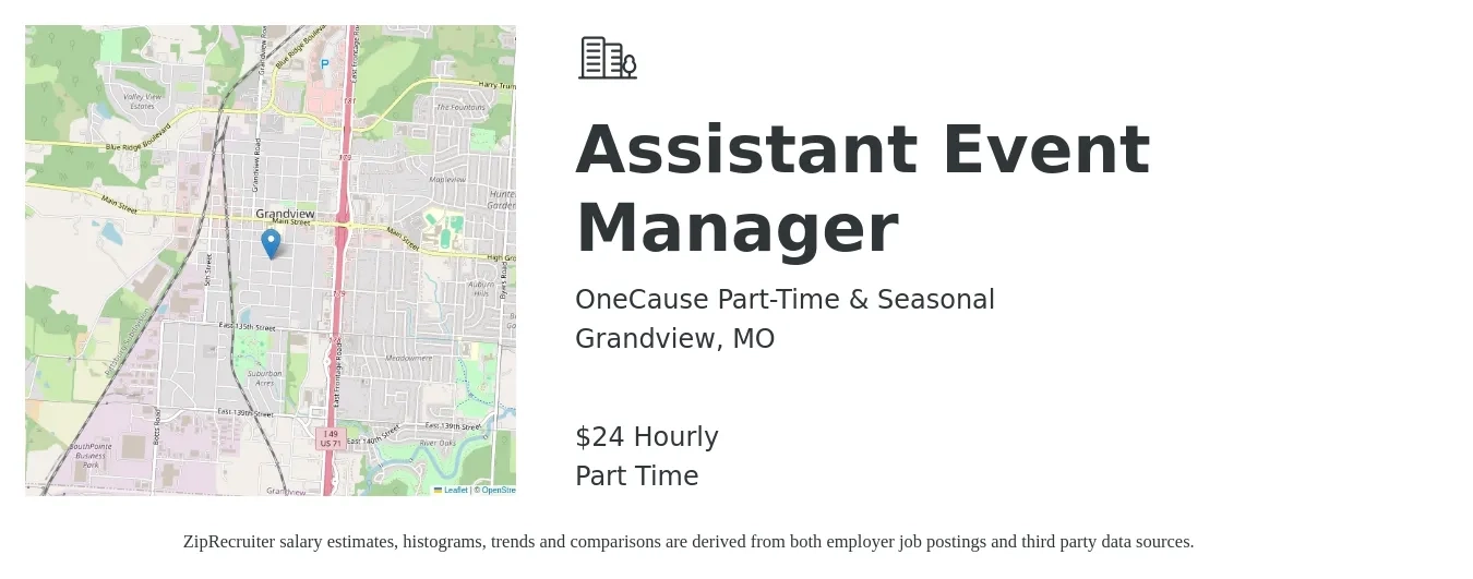 OneCause Part-Time & Seasonal job posting for a Assistant Event Manager in Grandview, MO with a salary of $25 Hourly with a map of Grandview location.