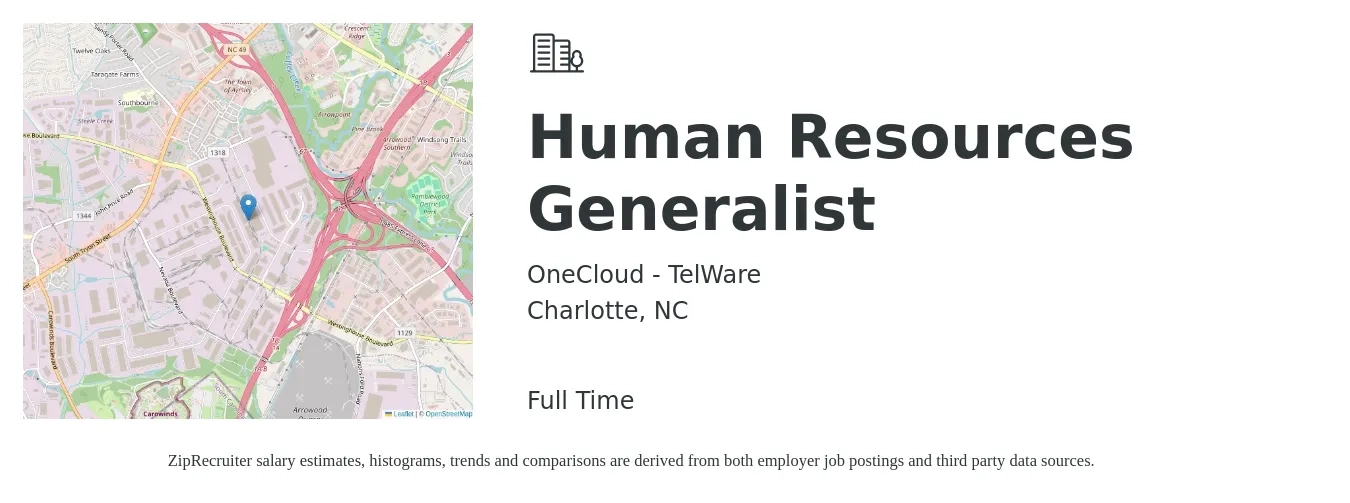 OneCloud - TelWare job posting for a Human Resources Generalist in Charlotte, NC with a salary of $46,900 to $66,700 Yearly with a map of Charlotte location.