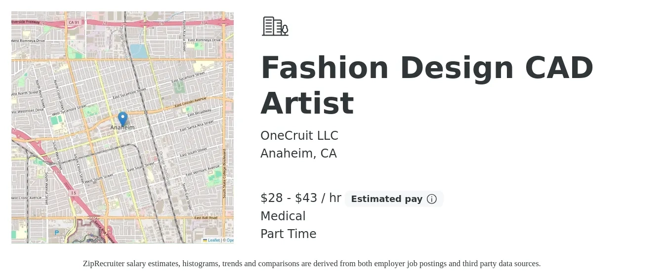OneCruit LLC job posting for a Fashion Design CAD Artist in Anaheim, CA with a salary of $30 to $45 Hourly and benefits including pto, and medical with a map of Anaheim location.