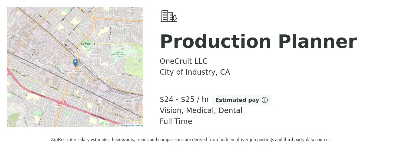OneCruit LLC job posting for a Production Planner in City of Industry, CA with a salary of $25 to $27 Hourly and benefits including dental, medical, retirement, and vision with a map of City of Industry location.