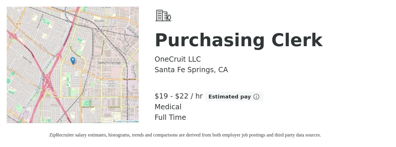 OneCruit LLC job posting for a Purchasing Clerk in Santa Fe Springs, CA with a salary of $20 to $23 Hourly and benefits including medical with a map of Santa Fe Springs location.