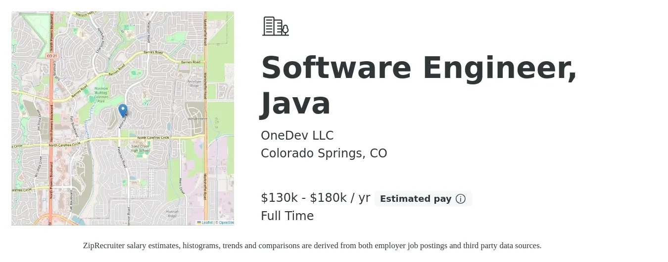 OneDev LLC job posting for a Software Engineer, Java in Colorado Springs, CO with a salary of $130,000 to $180,000 Yearly with a map of Colorado Springs location.