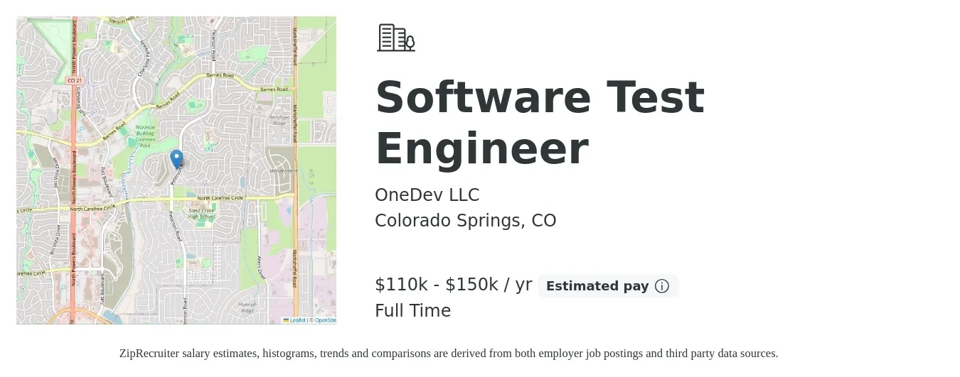 OneDev LLC job posting for a Software Test Engineer in Colorado Springs, CO with a salary of $110,000 to $150,000 Yearly with a map of Colorado Springs location.
