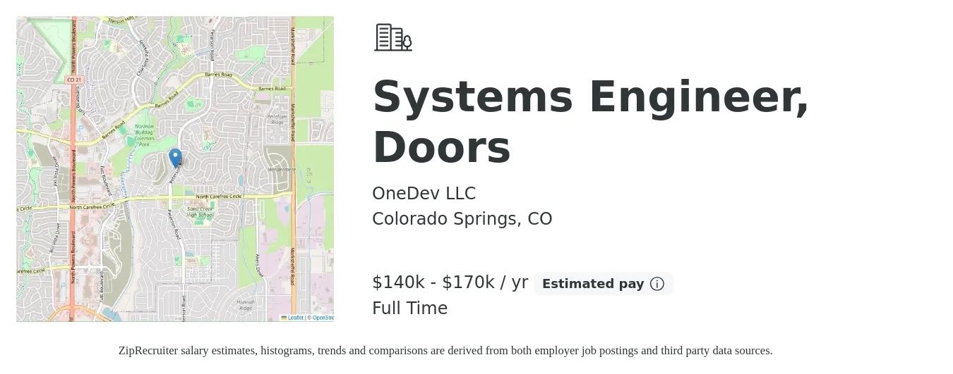 OneDev LLC job posting for a Systems Engineer, Doors in Colorado Springs, CO with a salary of $140,000 to $170,000 Yearly with a map of Colorado Springs location.