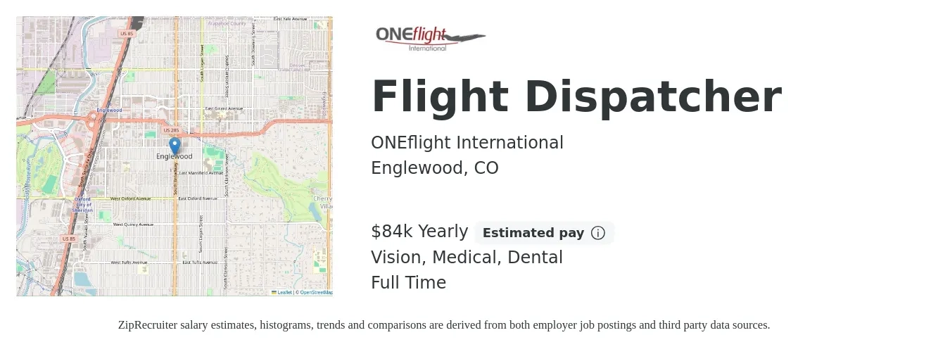 ONEflight International job posting for a Flight Dispatcher in Englewood, CO with a salary of $84,000 Yearly and benefits including dental, medical, pto, retirement, and vision with a map of Englewood location.