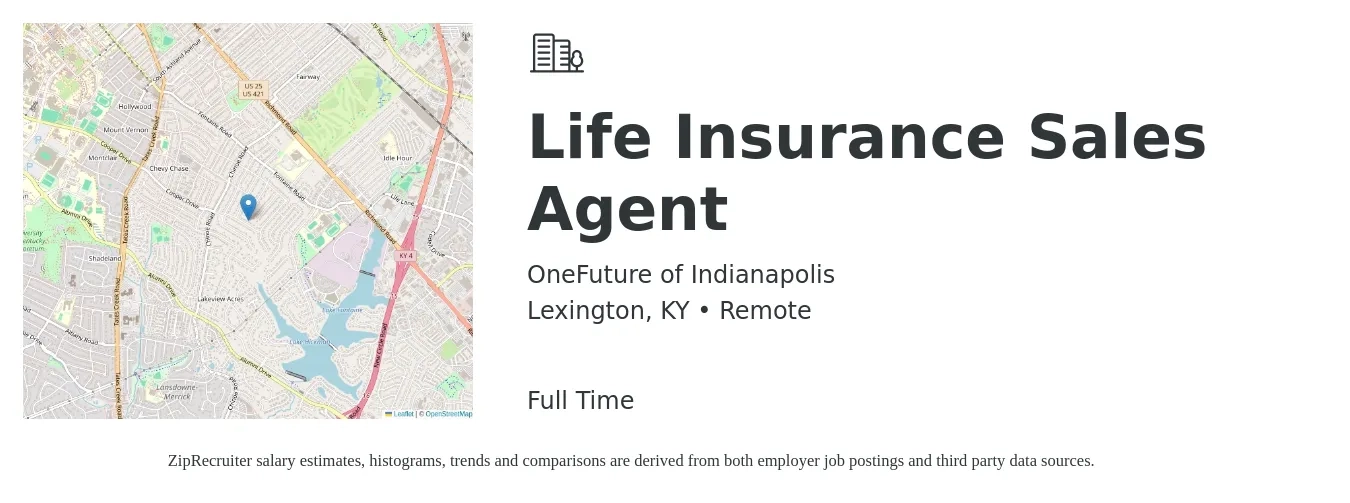 OneFuture of Indianapolis job posting for a Life Insurance Sales Agent in Lexington, KY with a salary of $101,900 to $132,200 Yearly with a map of Lexington location.