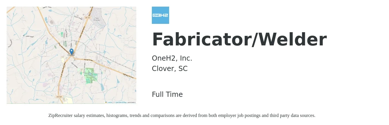 OneH2, Inc. job posting for a Fabricator/Welder in Clover, SC with a salary of $17 to $22 Hourly with a map of Clover location.