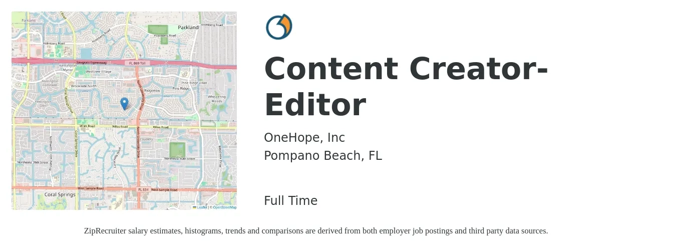 OneHope, Inc job posting for a Content Creator-Editor in Pompano Beach, FL with a salary of $27 to $41 Hourly with a map of Pompano Beach location.