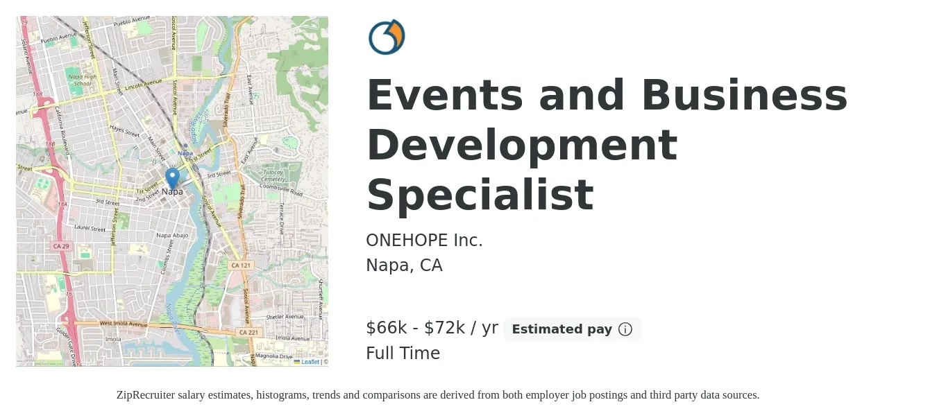 ONEHOPE job posting for a Events and Business Development Specialist in Napa, CA with a salary of $66,560 to $72,800 Yearly with a map of Napa location.