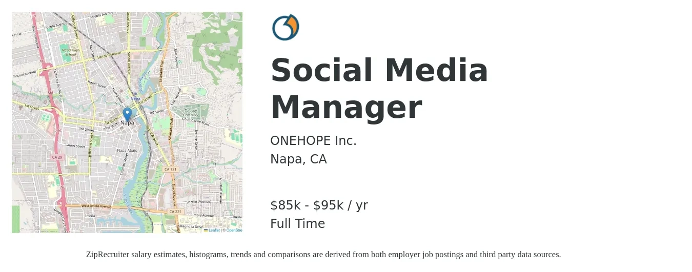 ONEHOPE job posting for a Social Media Manager in Napa, CA with a salary of $85,000 to $95,000 Yearly with a map of Napa location.