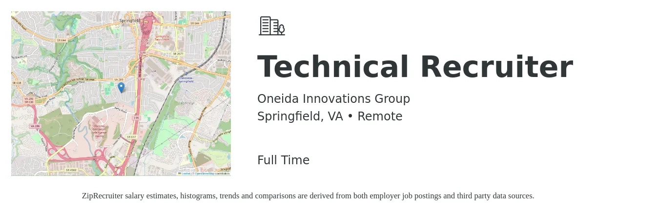 Oneida Innovations Group job posting for a Technical Recruiter in Springfield, VA with a salary of $65,000 Yearly with a map of Springfield location.