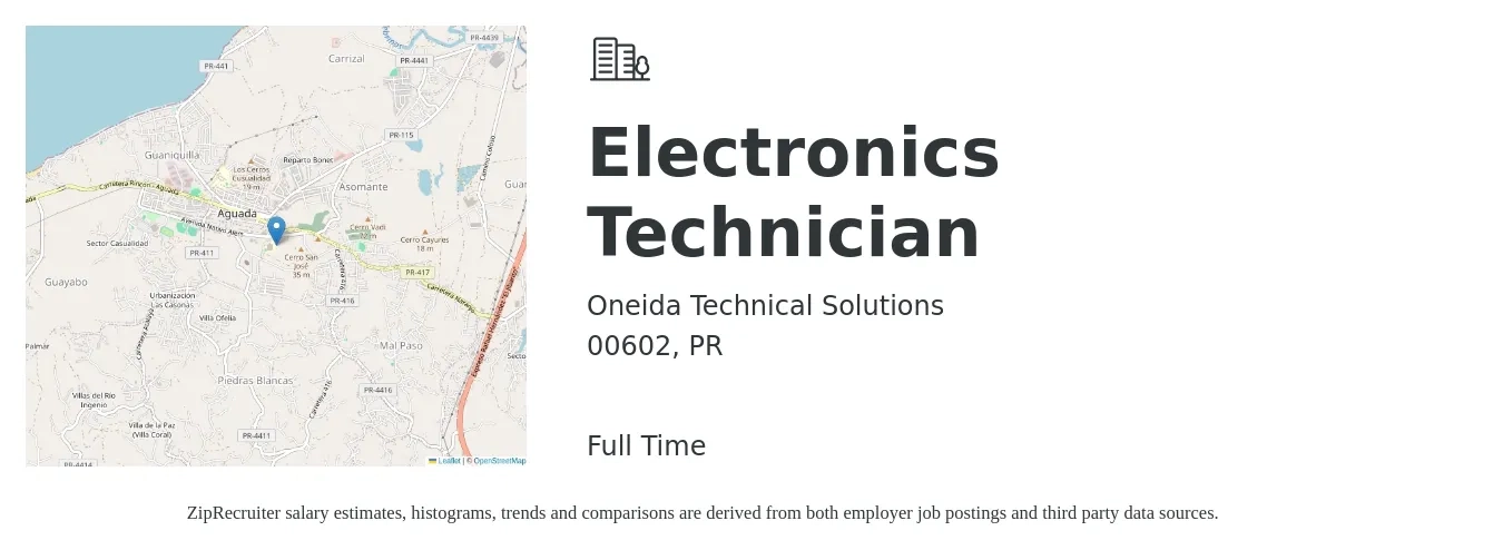 Oneida Technical Solutions job posting for a Electronics Technician in 00602, PR with a salary of $44,000 to $67,000 Yearly with a map of 00602 location.