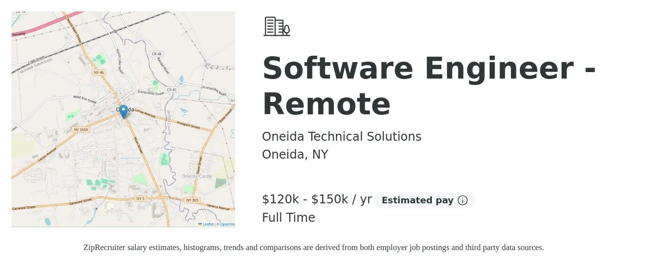 Oneida Technical Solutions job posting for a Software Engineer - Remote in Oneida, NY with a salary of $120,000 to $150,000 Yearly with a map of Oneida location.