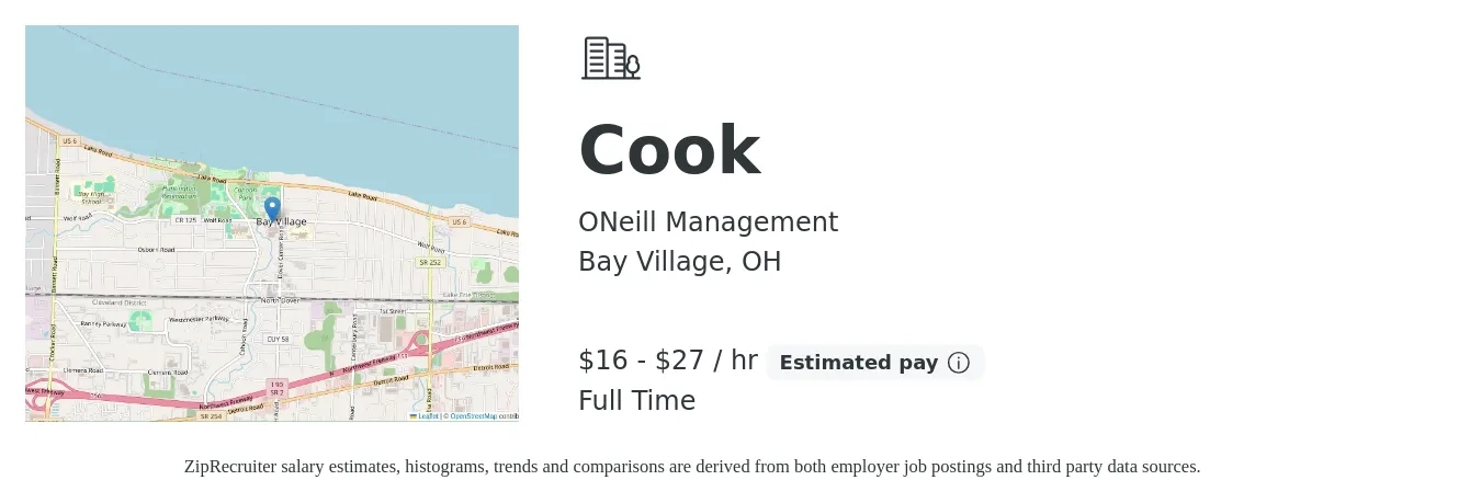 ONeill Management job posting for a Cook in Bay Village, OH with a salary of $17 to $28 Hourly with a map of Bay Village location.