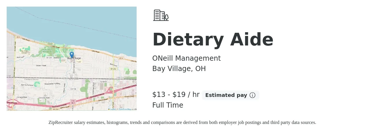 ONeill Management job posting for a Dietary Aide in Bay Village, OH with a salary of $14 to $20 Hourly with a map of Bay Village location.