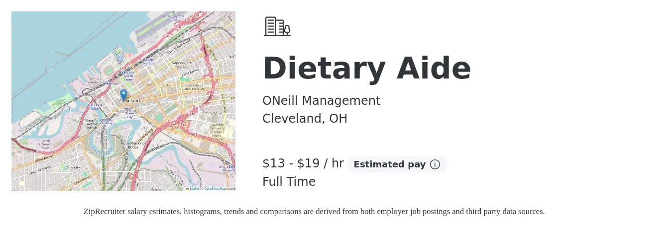 ONeill Management job posting for a Dietary Aide in Cleveland, OH with a salary of $14 to $20 Hourly with a map of Cleveland location.