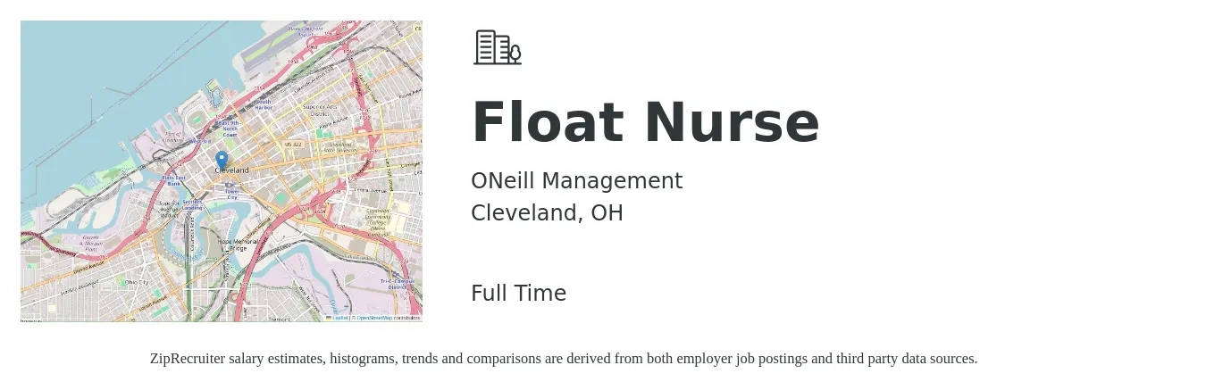 ONeill Management job posting for a Float Nurse in Cleveland, OH with a salary of $31 to $52 Hourly with a map of Cleveland location.