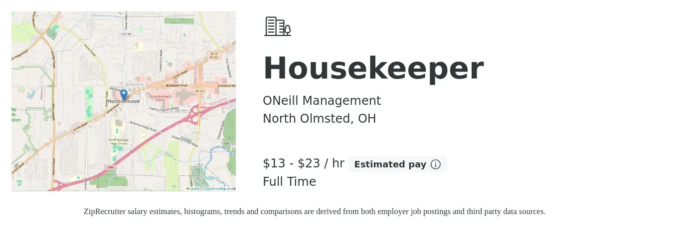 ONeill Management job posting for a Housekeeper in North Olmsted, OH with a salary of $14 to $24 Hourly with a map of North Olmsted location.