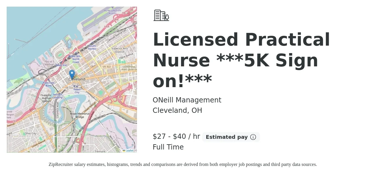 ONeill Management job posting for a Licensed Practical Nurse ***5K Sign on!*** in Cleveland, OH with a salary of $29 to $42 Hourly with a map of Cleveland location.