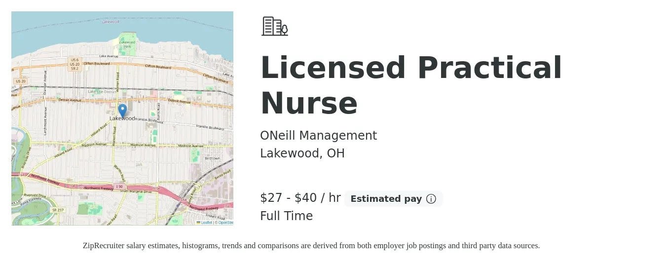 ONeill Management job posting for a Licensed Practical Nurse in Lakewood, OH with a salary of $29 to $42 Hourly with a map of Lakewood location.