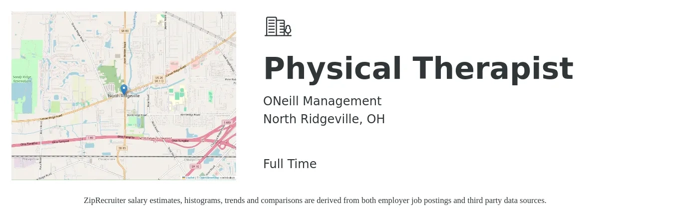 ONeill Management job posting for a Physical Therapist in North Ridgeville, OH with a salary of $1,470 to $1,900 Weekly with a map of North Ridgeville location.
