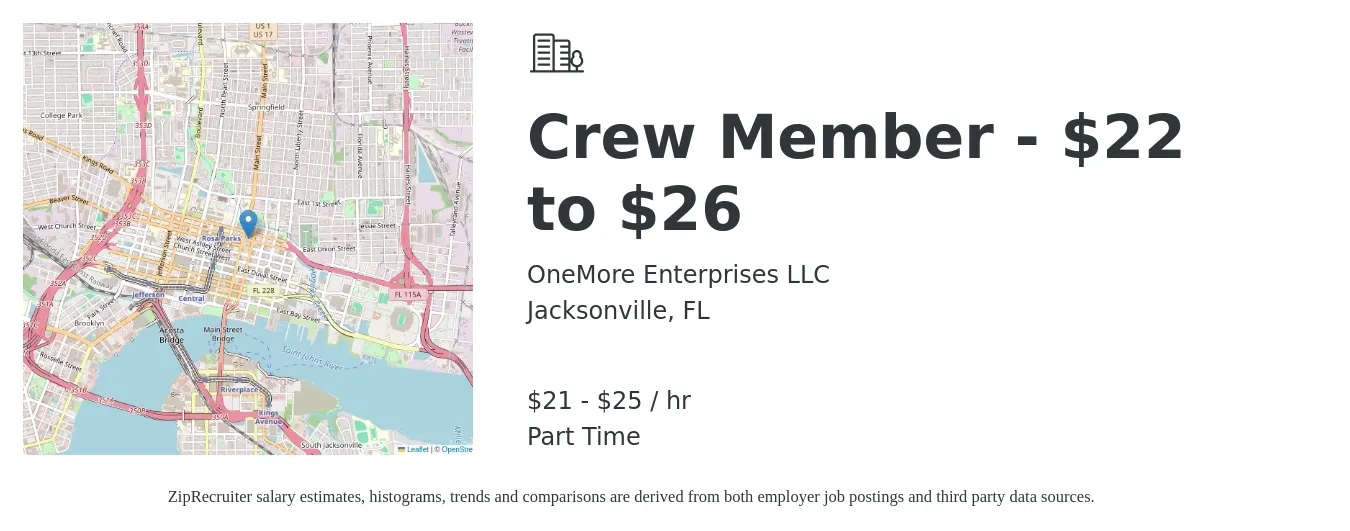 OneMore Enterprises LLC job posting for a Crew Member - $22 to $26 in Jacksonville, FL with a salary of $22 to $26 Hourly with a map of Jacksonville location.