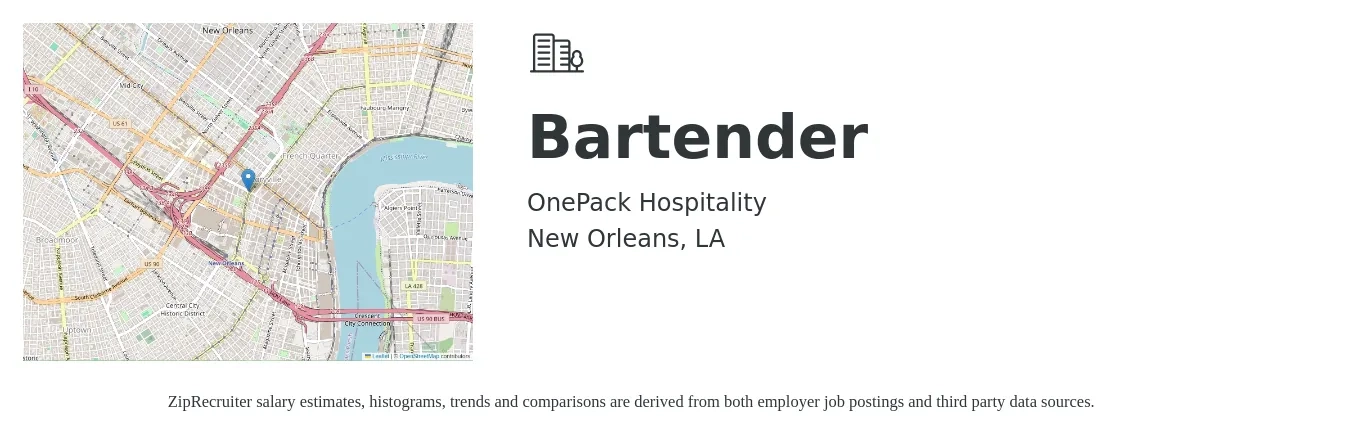 OnePack Hospitality job posting for a Bartender in New Orleans, LA with a salary of $10 to $18 Hourly with a map of New Orleans location.