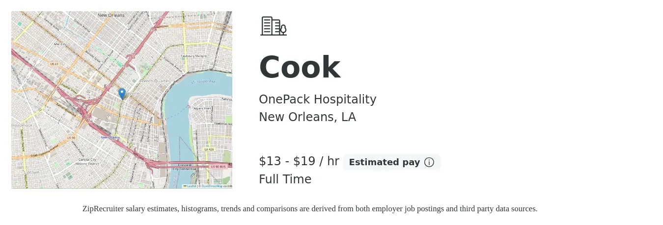 OnePack Hospitality job posting for a Cook in New Orleans, LA with a salary of $14 to $18 Hourly with a map of New Orleans location.