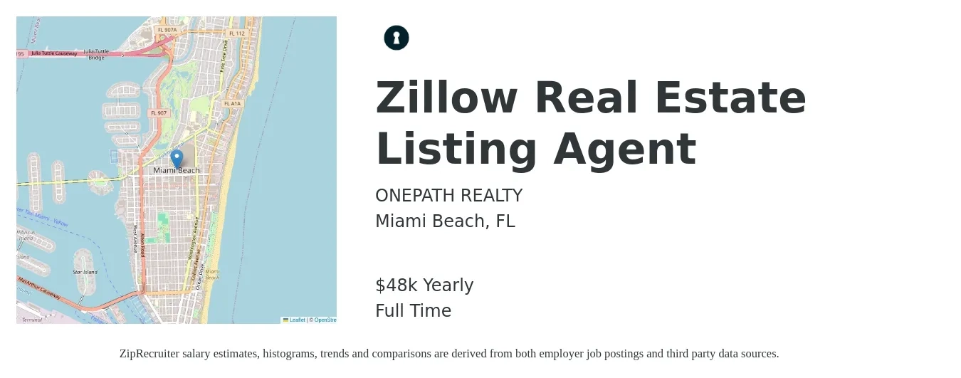 ONEPATH REALTY job posting for a Zillow Real Estate Listing Agent in Miami Beach, FL with a salary of $48,227 Yearly with a map of Miami Beach location.