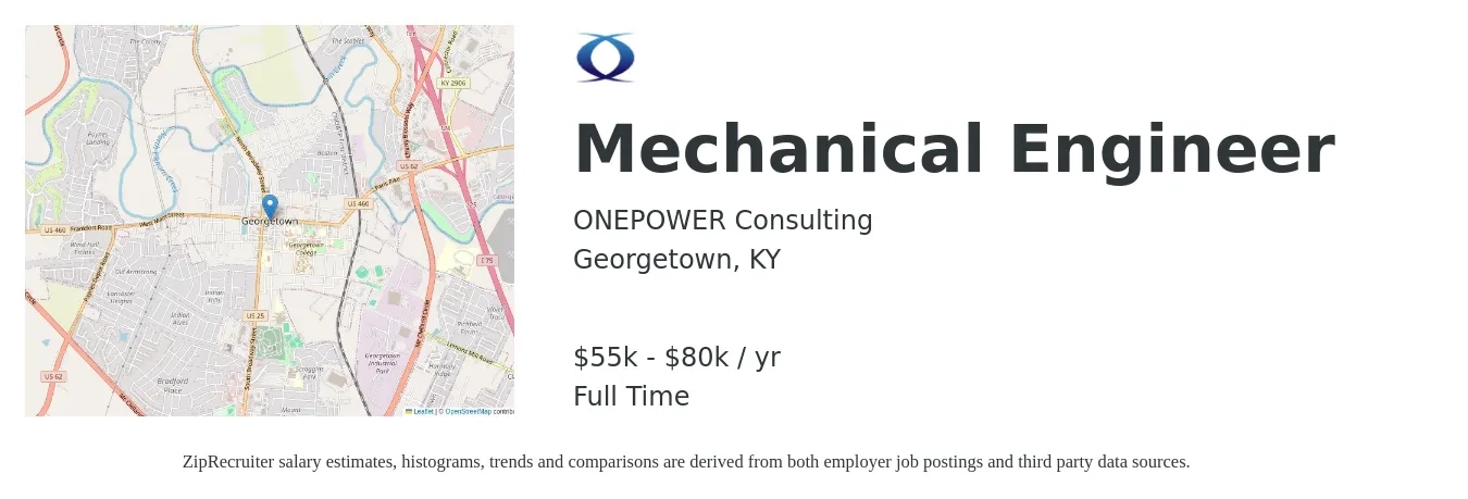 ONEPOWER Consulting job posting for a Mechanical Engineer in Georgetown, KY with a salary of $55,000 to $80,000 Yearly with a map of Georgetown location.