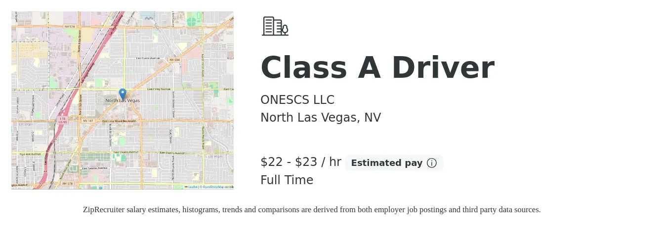 ONESCS LLC job posting for a Class A Driver in North Las Vegas, NV with a salary of $23 to $24 Hourly with a map of North Las Vegas location.