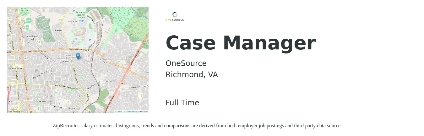 OneSource job posting for a Case Manager in Richmond, VA with a salary of $20 to $26 Hourly with a map of Richmond location.