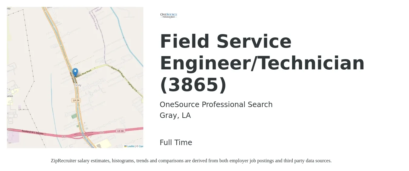 OneSource Professional Search job posting for a Field Service Engineer/Technician (3865) in Gray, LA with a salary of $52,300 to $77,500 Yearly with a map of Gray location.