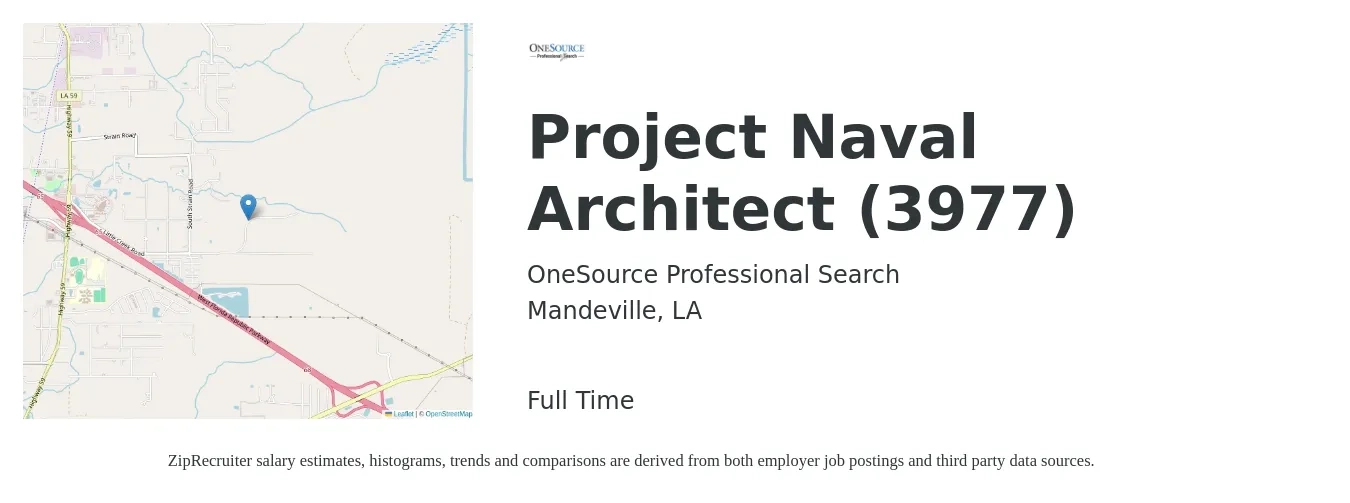 OneSource Professional Search job posting for a Project Naval Architect (3977) in Mandeville, LA with a salary of $74,700 to $99,900 Yearly with a map of Mandeville location.
