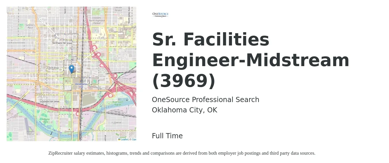 OneSource Professional Search job posting for a Sr. Facilities Engineer-Midstream (3969) in Oklahoma City, OK with a salary of $67,400 to $98,500 Yearly with a map of Oklahoma City location.