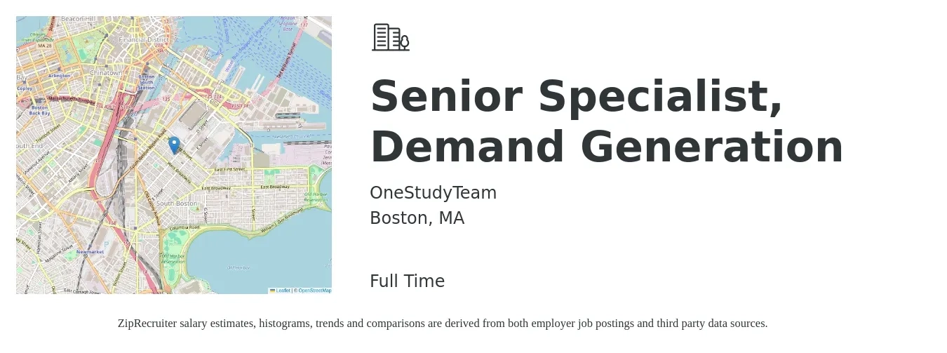 OneStudyTeam job posting for a Senior Specialist, Demand Generation in Boston, MA with a salary of $84,700 to $104,800 Yearly with a map of Boston location.
