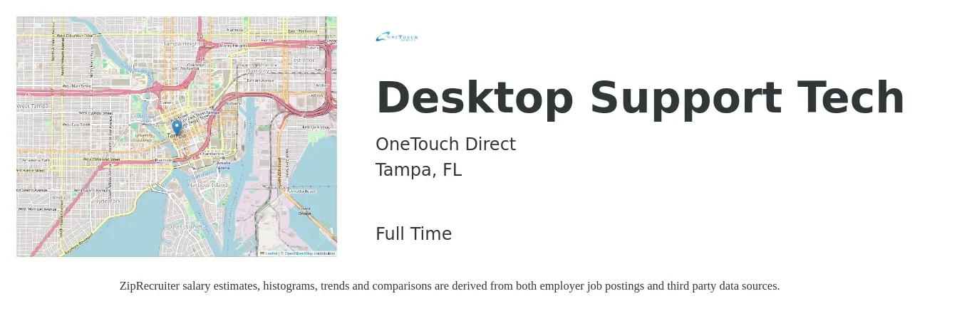 OneTouch Direct job posting for a Desktop Support Tech in Tampa, FL with a salary of $19 to $24 Hourly with a map of Tampa location.