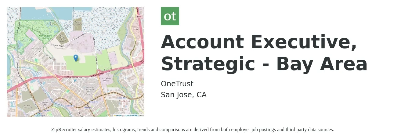 OneTrust job posting for a Account Executive, Strategic - Bay Area in San Jose, CA with a salary of $148,950 to $165,500 Yearly with a map of San Jose location.