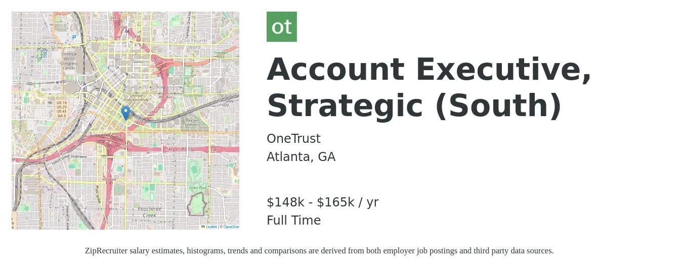 OneTrust job posting for a Account Executive, Strategic (South) in Atlanta, GA with a salary of $148,950 to $165,500 Yearly with a map of Atlanta location.