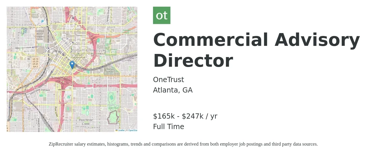 OneTrust job posting for a Commercial Advisory Director in Atlanta, GA with a salary of $165,000 to $247,500 Yearly with a map of Atlanta location.