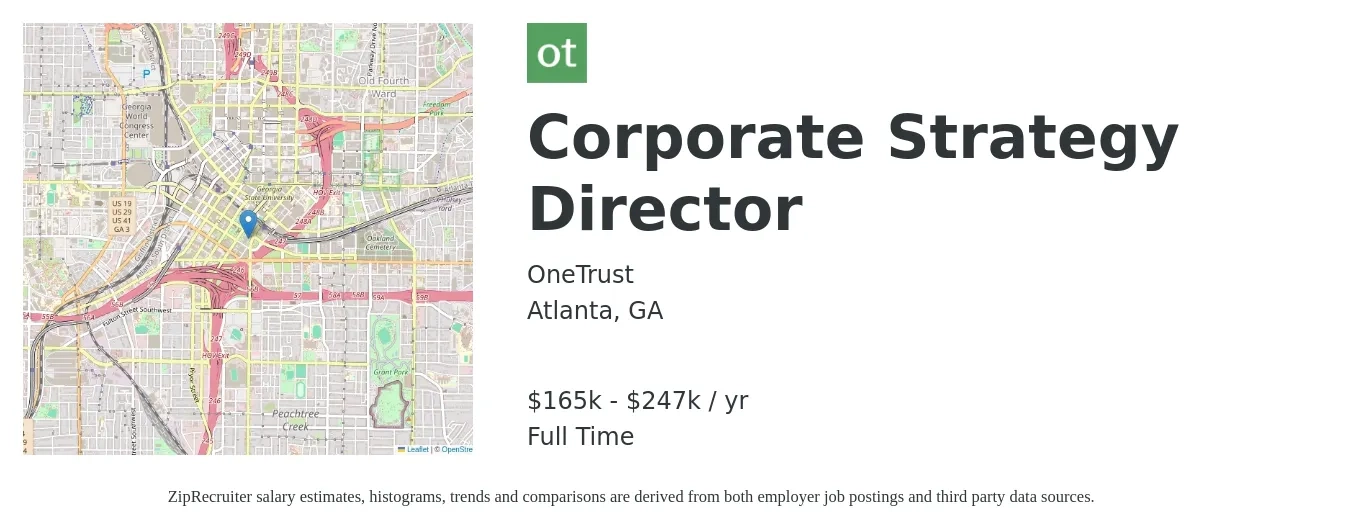 OneTrust job posting for a Corporate Strategy Director in Atlanta, GA with a salary of $165,000 to $247,500 Yearly with a map of Atlanta location.