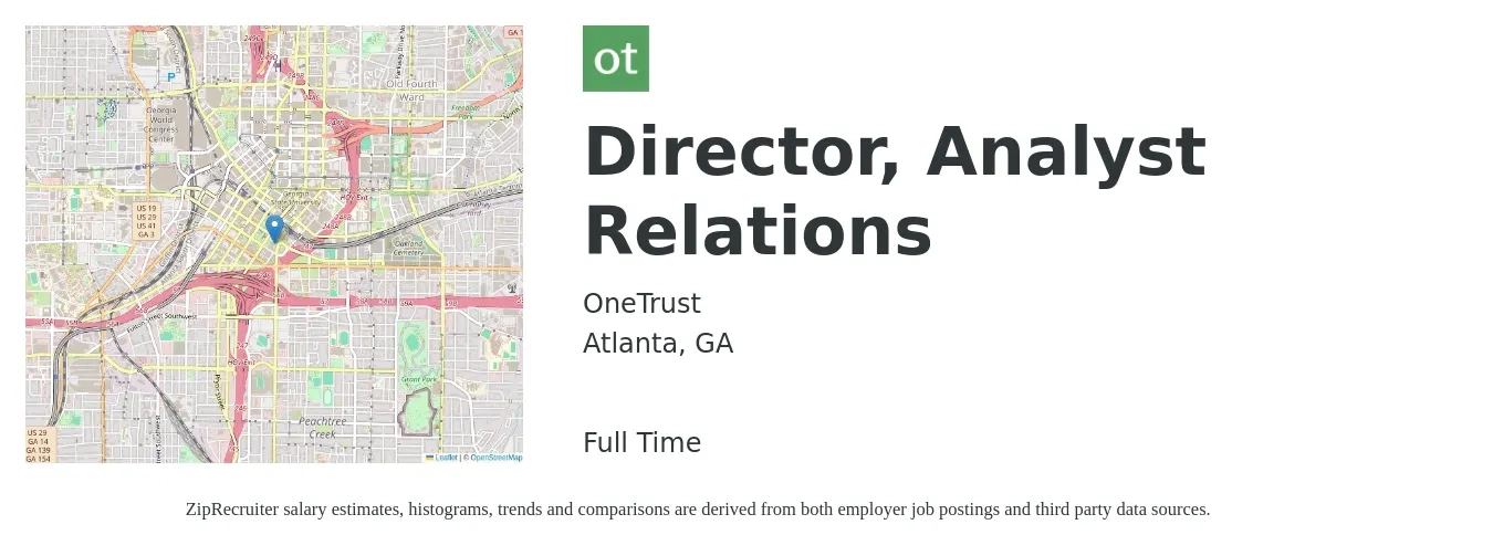 OneTrust job posting for a Director, Analyst Relations in Atlanta, GA with a salary of $36 to $60 Hourly with a map of Atlanta location.