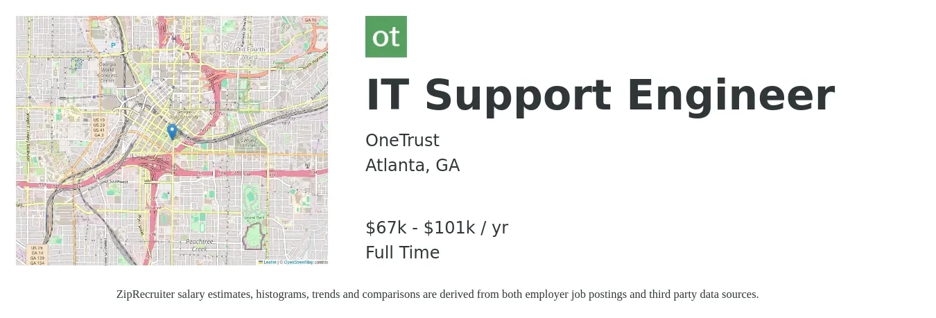 OneTrust job posting for a IT Support Engineer in Atlanta, GA with a salary of $67,500 to $101,250 Yearly with a map of Atlanta location.