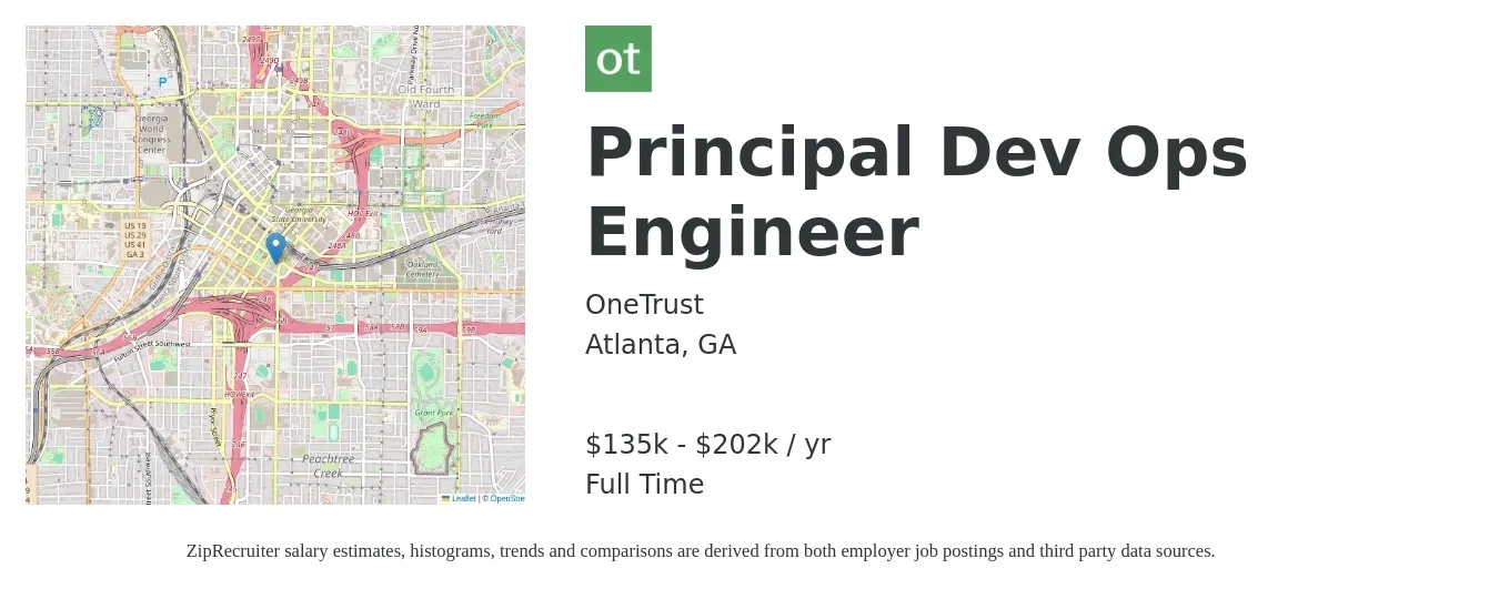 OneTrust job posting for a Principal Dev Ops Engineer in Atlanta, GA with a salary of $135,000 to $202,500 Yearly with a map of Atlanta location.
