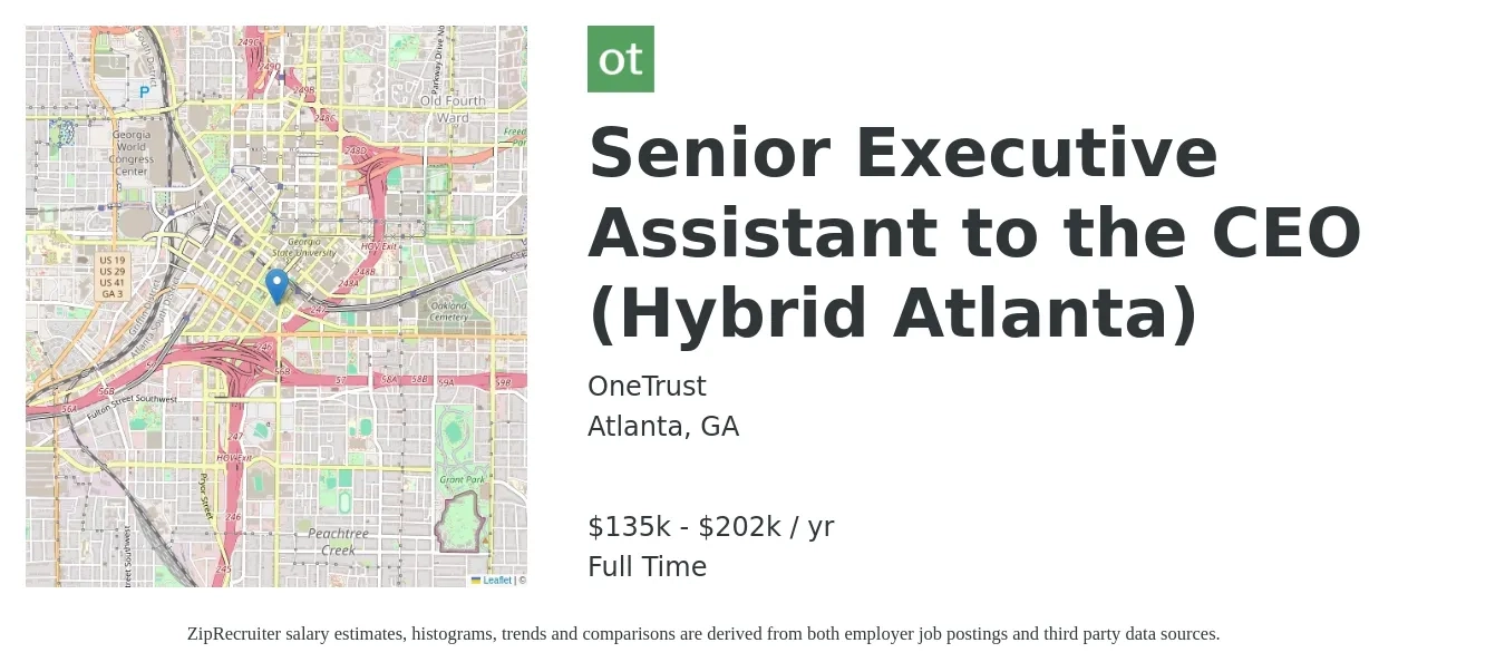 OneTrust job posting for a Senior Executive Assistant to the CEO (Hybrid Atlanta) in Atlanta, GA with a salary of $135,000 to $202,500 Yearly with a map of Atlanta location.