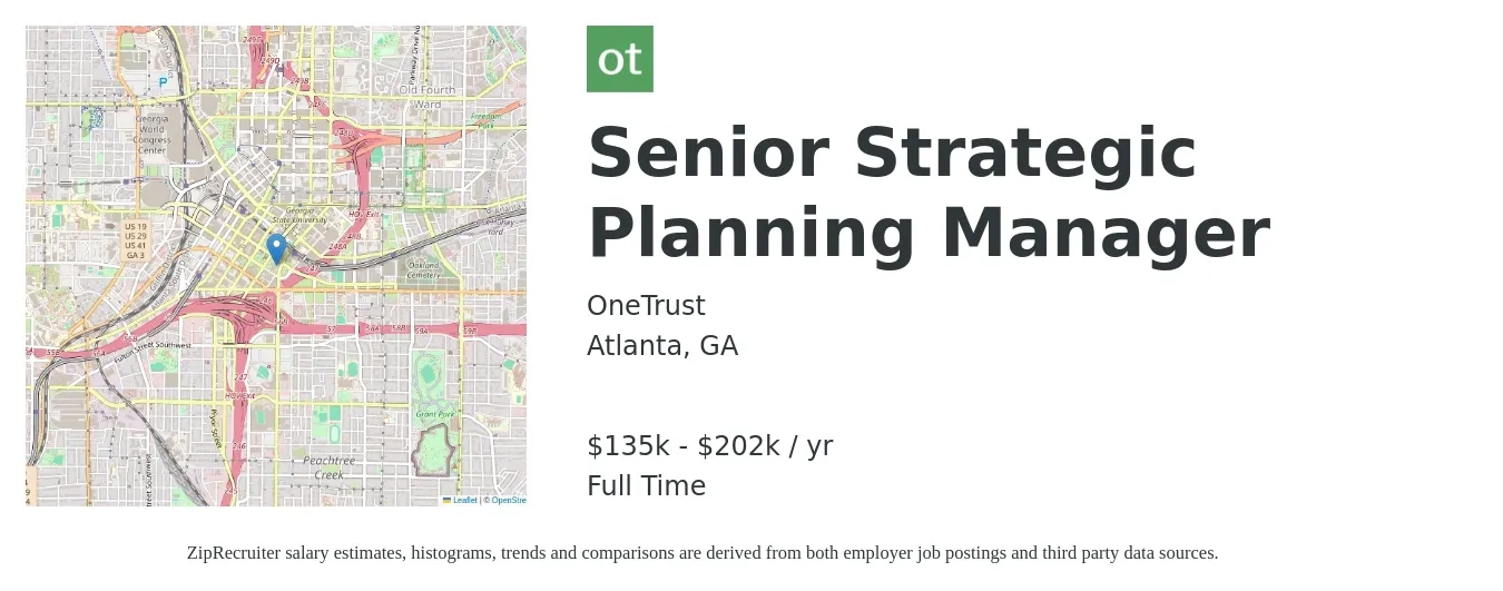 OneTrust job posting for a Senior Strategic Planning Manager in Atlanta, GA with a salary of $135,000 to $202,500 Yearly with a map of Atlanta location.