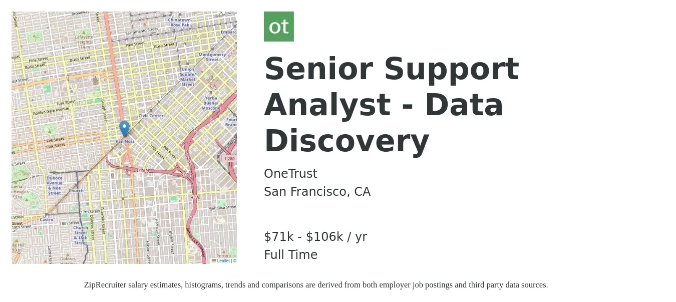 OneTrust job posting for a Senior Support Analyst - Data Discovery in San Francisco, CA with a salary of $71,250 to $106,875 Yearly with a map of San Francisco location.