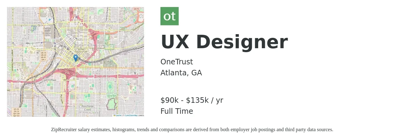 OneTrust job posting for a UX Designer in Atlanta, GA with a salary of $90,000 to $135,000 Yearly with a map of Atlanta location.